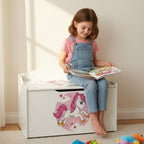 Leomark Kinderbank Hölzerne - UV-Druck: Rosa Einhorn - Kindertruhenbank, Behälter für Spielzeug, Truhe für Kinderzimmer, Höhe: 46 cm