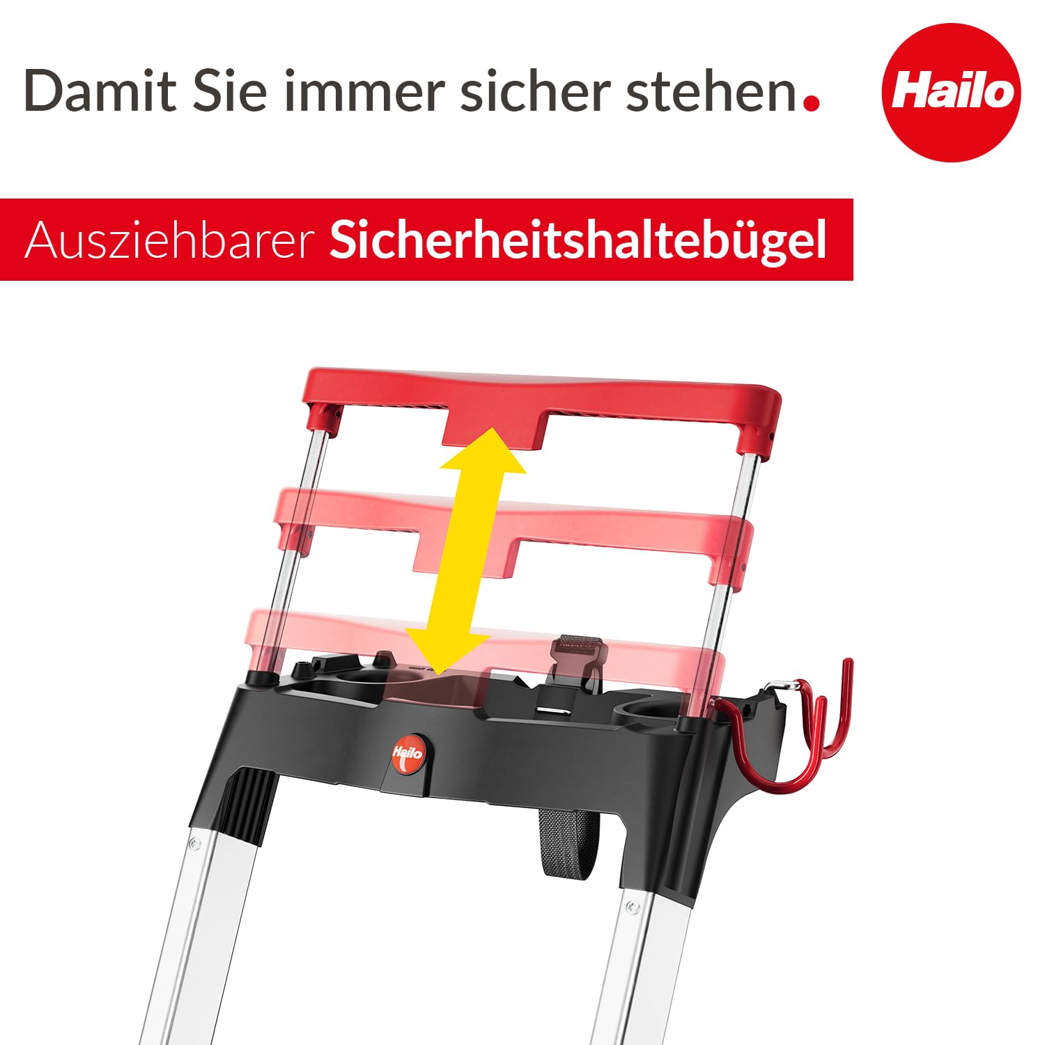 Hailo L100 Topline Alu-Sicherheits-Stehleiter - 7 XXL-Stufen bis 150 kg - Stehleiter mit ausziehbarem Haltebügel, Plattformverriegelung - viel Zubehör - klappbare Aluleiter Made in Germany - schwarz