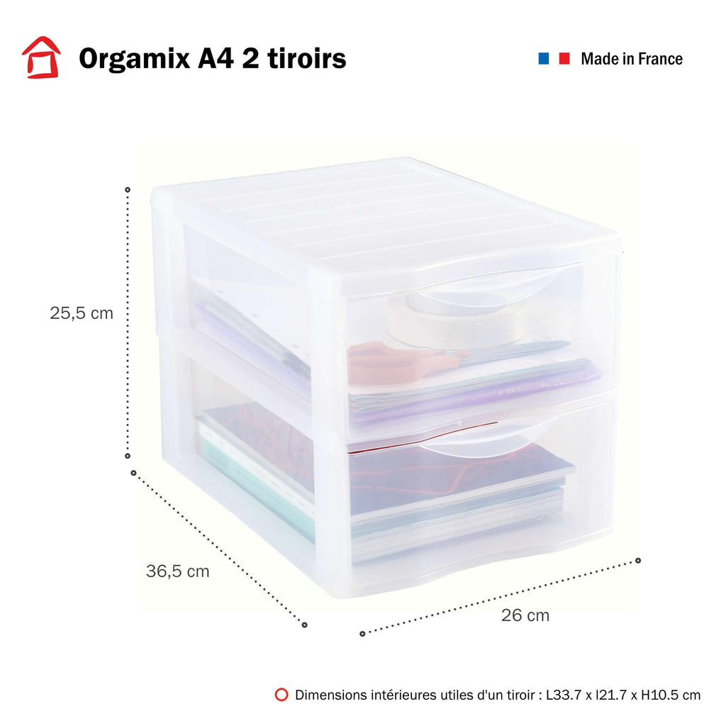 SUNDIS Orgamix, schubladenbox aus Kunststoff, 2 transparente Schubladen für A4-Papier, Höhe 25,5 cm, stapelbar, ideal für Schreibtisch, Unterricht, Dokumente, Zubehör