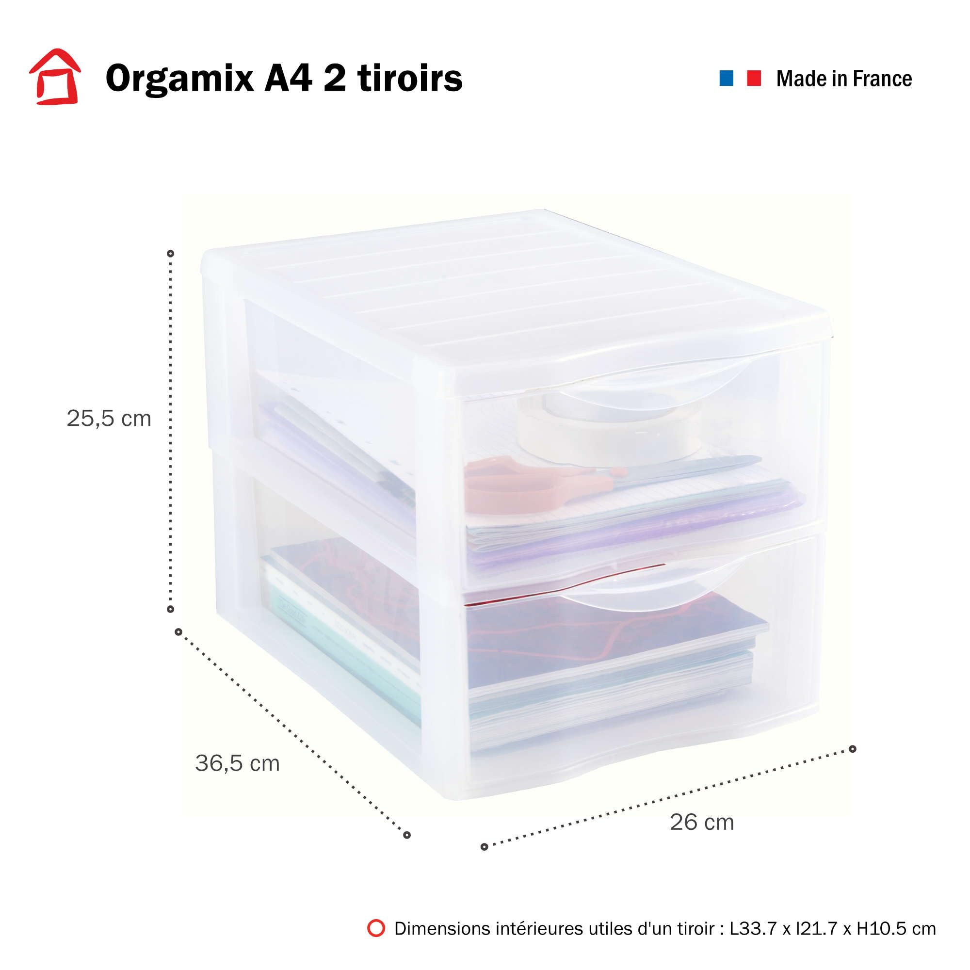SUNDIS Orgamix, schubladenbox aus Kunststoff, 2 transparente Schubladen für A4-Papier, Höhe 25,5 cm, stapelbar, ideal für Schreibtisch, Unterricht, Dokumente, Zubehör