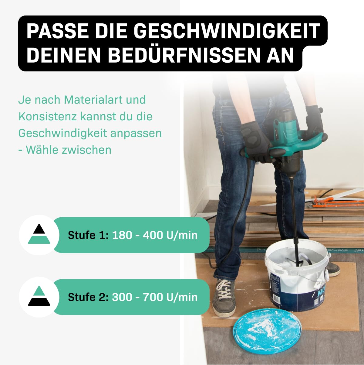 VONROC Mörtelrührer inkl. Rührwerk [1800W] - Betonmischer Quirl [mit Sanftanlauf] für Beton, Zement, Farbe, Mörtel - 2 Geschwindigkeitsmodi
