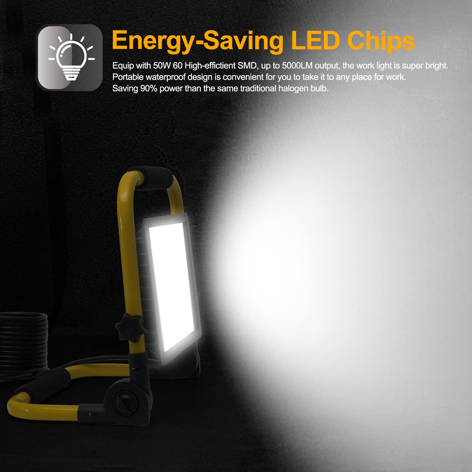 LED Baustrahler, 50W 5000LM Arbeitsleuchte, LED Arbeitsleuchte mit Stecker, IP66 Wasserdicht Baustrahler mit 4M Kabel, Tragbar für Werkstatt oder Baustelle,Garage, 6500K