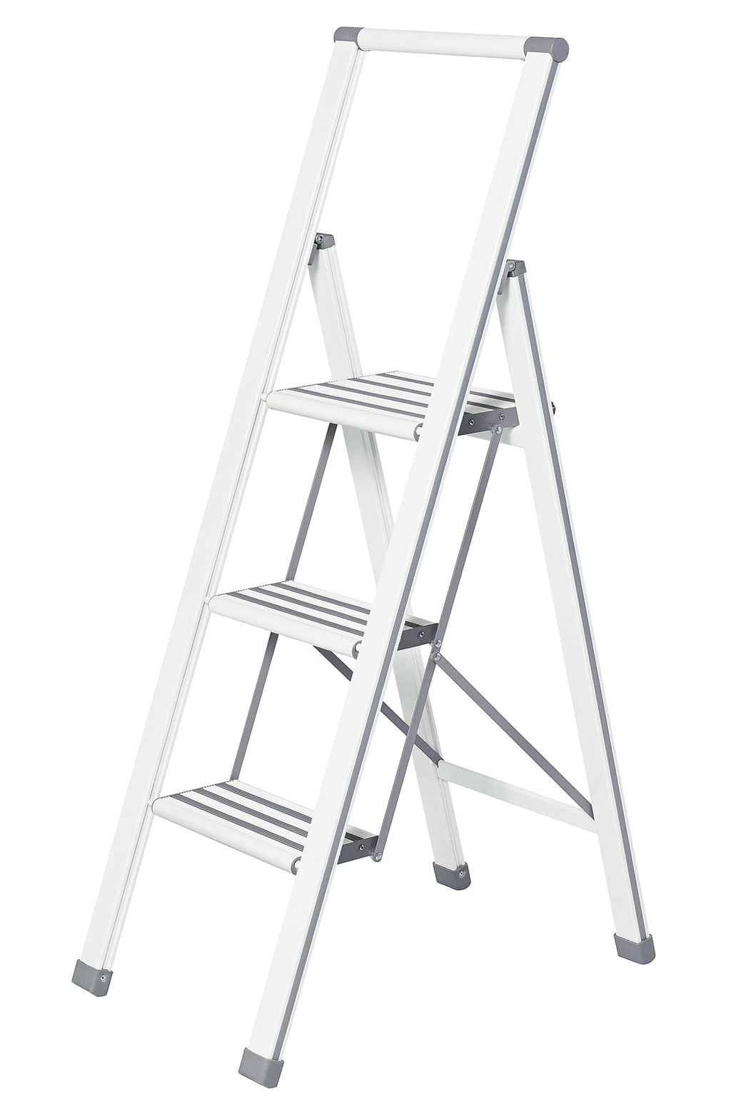 WENKO Leichte Aluminium Trittleiter mit 3 Stufen für 75 cm höheren Stand, rutschsichere XXL-Stufen, Design Klapptrittleiter, TÜV Süd Zertifiziert, 44 x 127 x 5,5 cm, Weiß