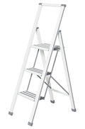 WENKO Leichte Aluminium Trittleiter mit 3 Stufen für 75 cm höheren Stand, rutschsichere XXL-Stufen, Design Klapptrittleiter, TÜV Süd Zertifiziert, 44 x 127 x 5,5 cm, Weiß