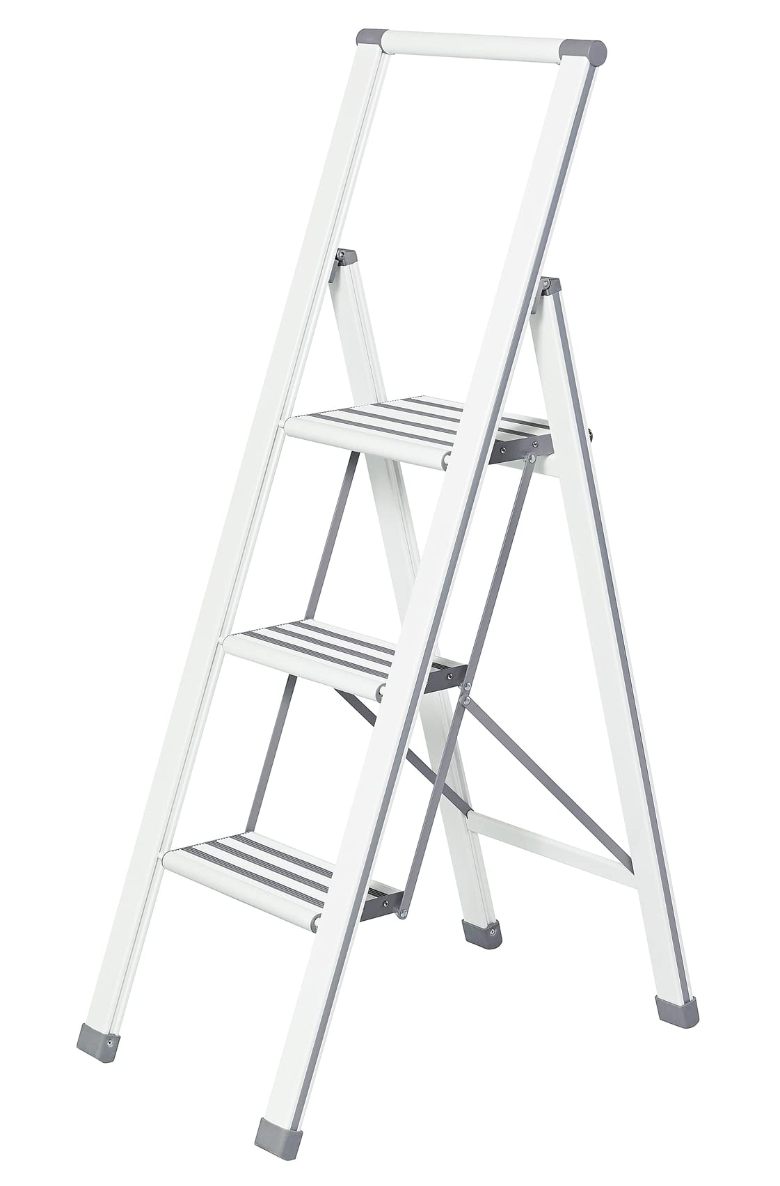 WENKO Leichte Aluminium Trittleiter mit 3 Stufen für 75 cm höheren Stand, rutschsichere XXL-Stufen, Design Klapptrittleiter, TÜV Süd Zertifiziert, 44 x 127 x 5,5 cm, Weiß