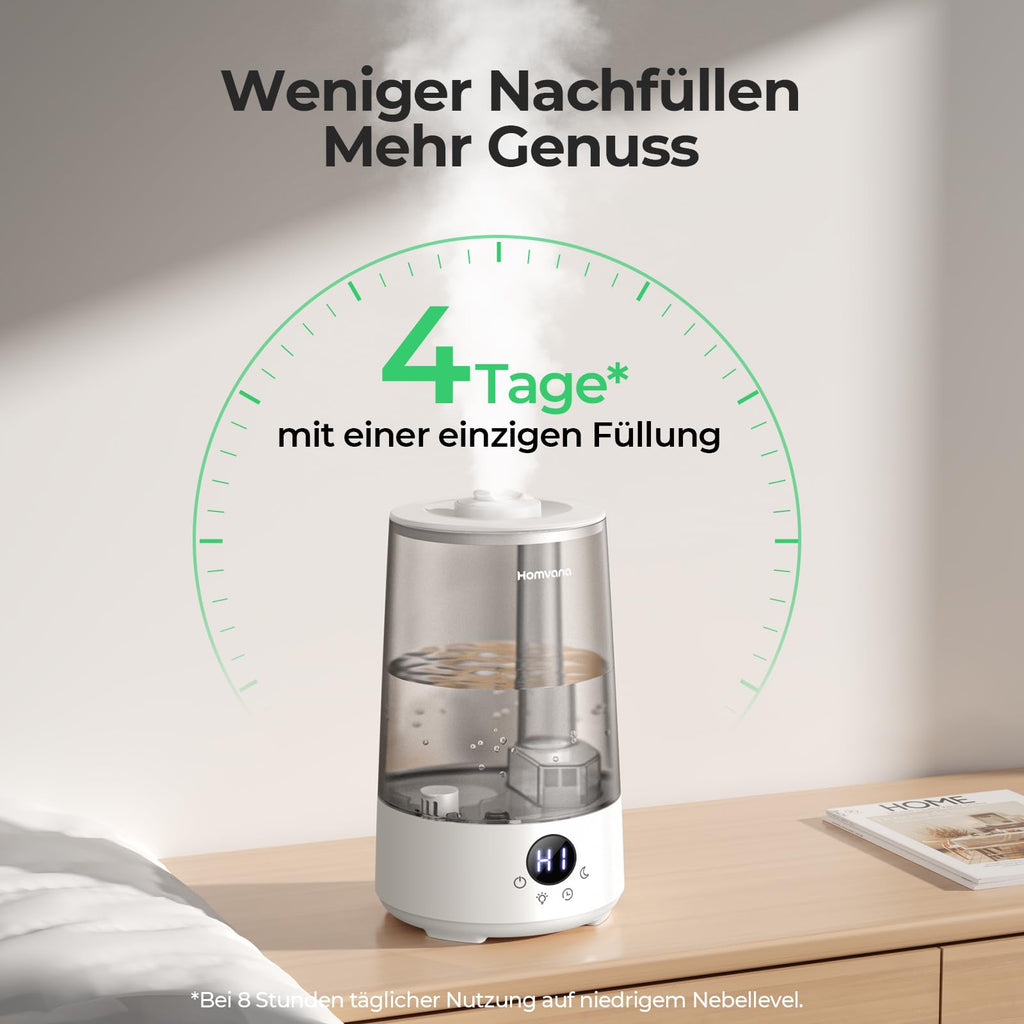 Homvana Luftbefeuchter Schlafzimmer Top-Fill, 3.6L 360°Cool Mist 34H Dauerhaft, Ruhig 16dB (SilentSpary Tech) Klein, Luftbefeuchter Pflanzen, Growtent, Pflanzenbefeuchter, Humidifier Plants (Grau)