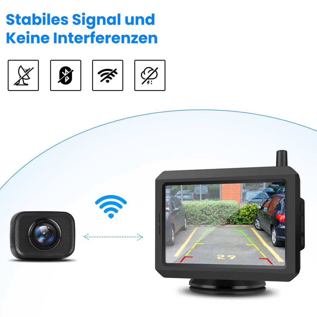 AUTO-VOX W7 5“ LCD Kabellos Digital Rückfahrkamera Set, mit eingebautem Funksender, Wireless Einparkhilfe, Wasserdicht IP68 Nachtsicht