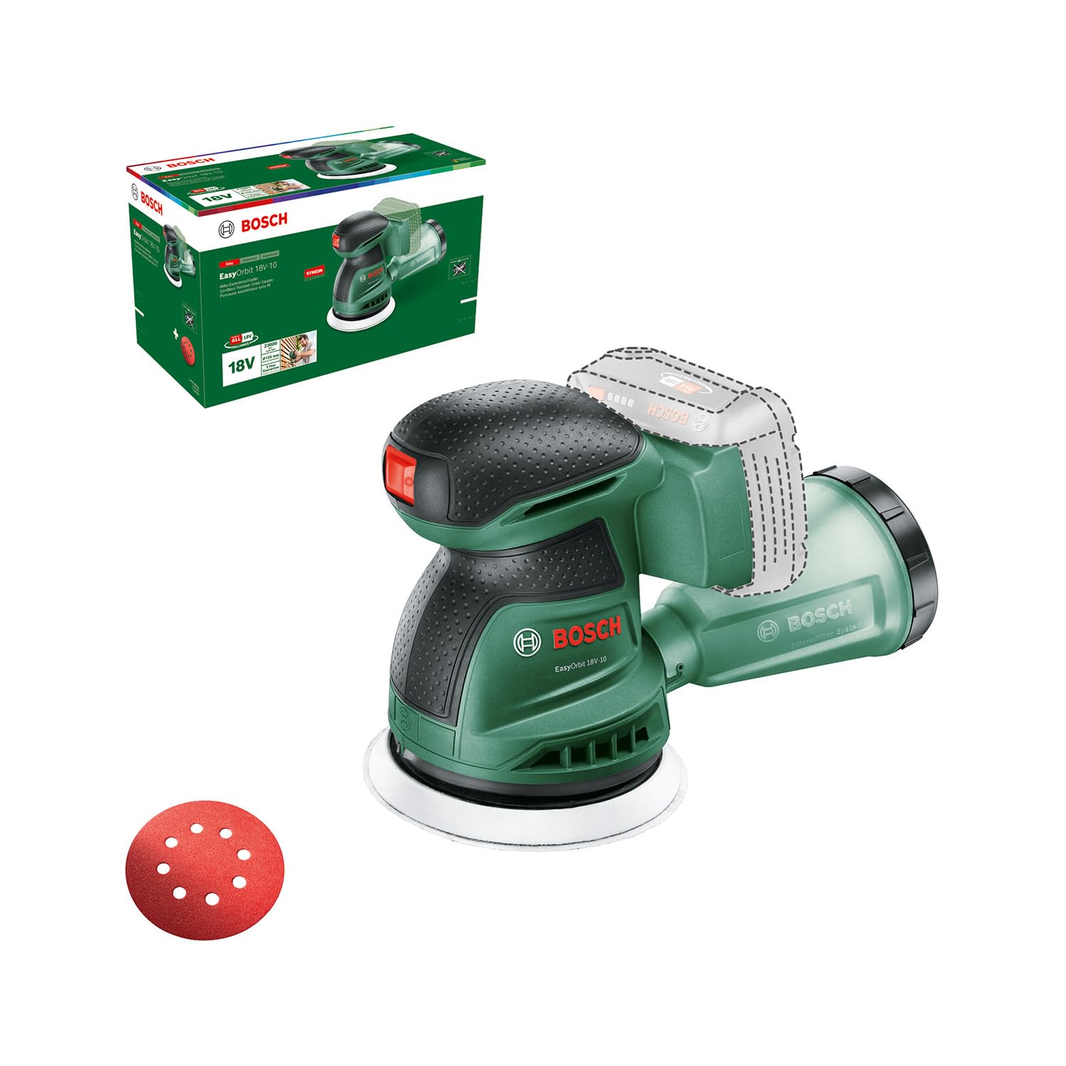 Bosch Akku-Exzenterschleifer EasyOrbit 18V-10 (Schleifen von kleinen bis mittelgroßen Holzoberflächen sowie lasierten und lackierten Oberflächen; Durchmesser: 125 mm; 18 Volt System; ohne Akku)