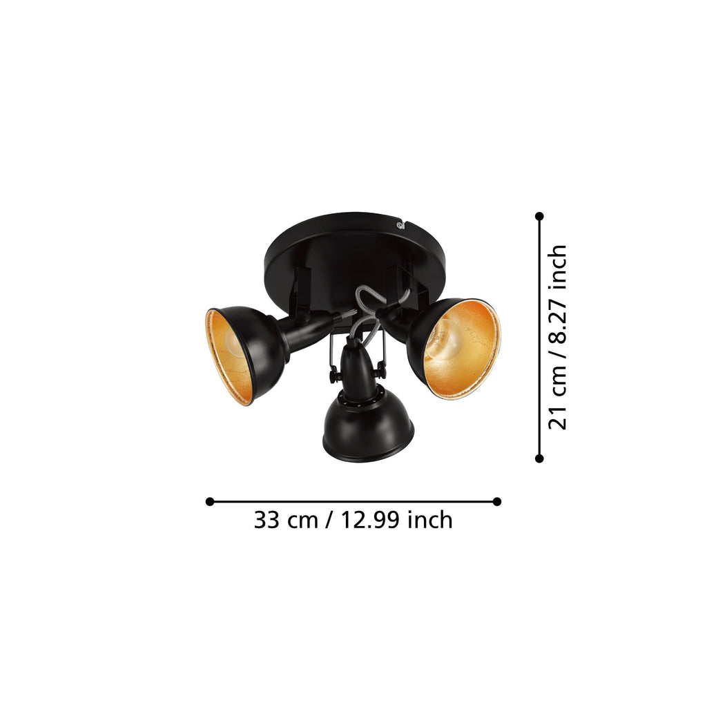 EGLO Deckenstrahler Thornton, Deckenlampe mit 3 Spots, Vintage Deckenleuchte Wohnzimmer, Retro Lampe Decke, Wohnzimmerlampe aus Metall in Schwarz Gold, E14 Fassung, Ø 21 cm
