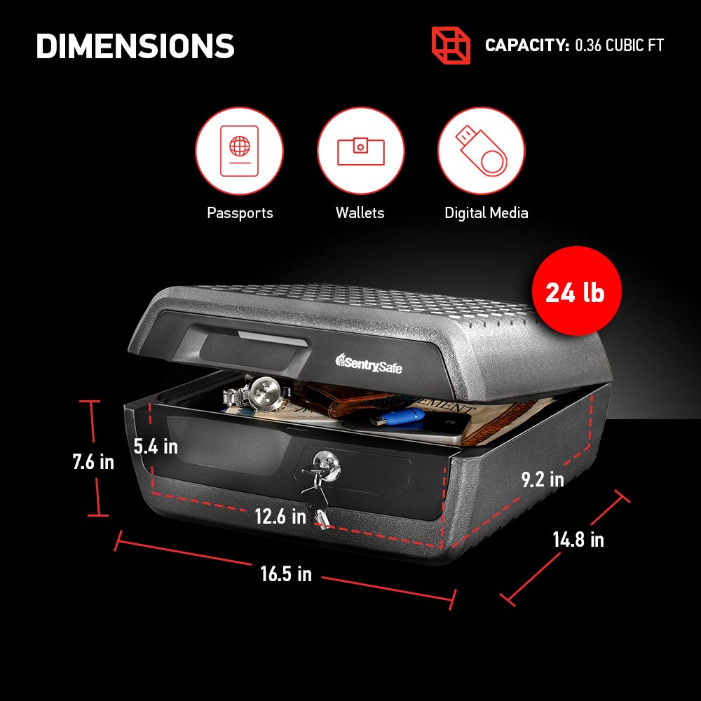 Sentry Safe CHW30220 Feuerfeste und wasserdichte Tresorbox mit Schlüsselschloss, Feuer- und Wassertruhe Safe für Wertsachen, Grau & Schwarz, 0,36 Kubikfuß, 7,6 x 16,5 x 14,8 Zoll