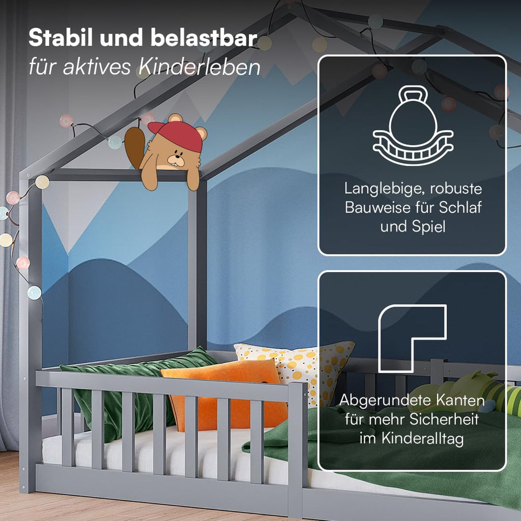 Bellabino Bia Kinderbett 90x200 cm – Bodenbett mit Rausfallschutz & Lattenrost – Hausbett aus Massivholz Kiefer – Montessori Kinder Bett in Hellgrau für Jungen und Mädchen