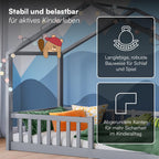 Bellabino Bia Kinderbett 90x200 cm – Bodenbett mit Rausfallschutz & Lattenrost – Hausbett aus Massivholz Kiefer – Montessori Kinder Bett in Hellgrau für Jungen und Mädchen