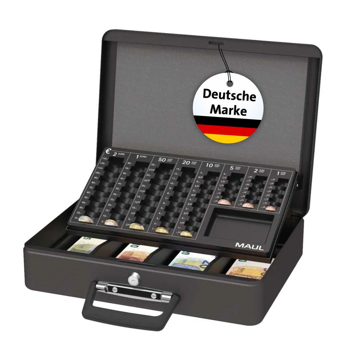 MAUL Geldkassette mit Münzzählbrett aus Stahl | 37 x 29 x 12 cm | Geldkassette abschließbar | Entnehmbares Scheinfach | Tragbare Kasse mit 2 Schlüsseln | Ideal als Registrierkasse | Schwarz