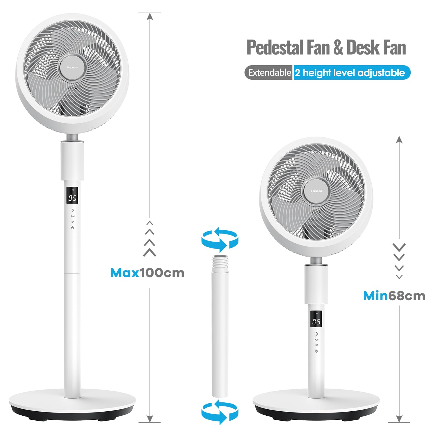 berssen Standventilator Ventilator leise 25dB 3D Oszillation DC Motor 68/100cm Höhenverstellbar Turbo Luftzirkulation Fernbedienung Tastbildschirm 7,1m/s Windgeschwindigkeit Energie Sparen,Weiß