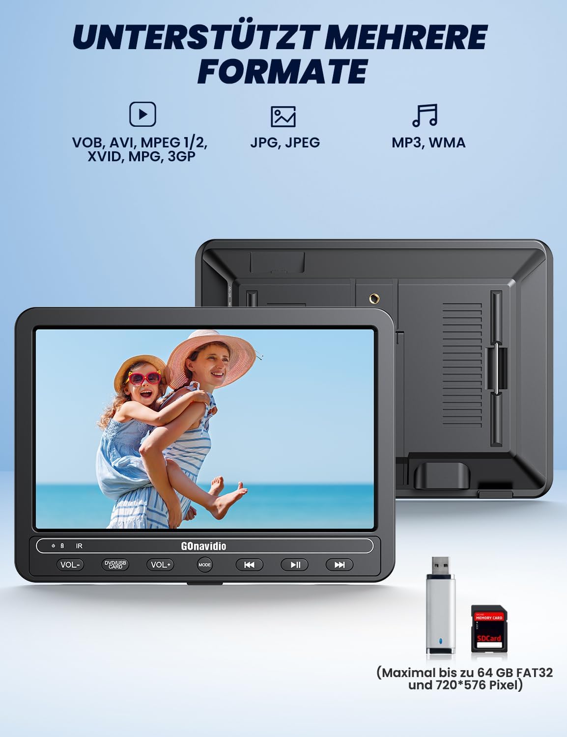 10,5 Zoll DVD Players Auto 2 mit HDMI-Eingang, 5-Stunden-Akkulaufzeit, DVD-Player Auto, USB/TF-Karte, Speicherkapazität, Wiedergabe gleicher/verschiedener Filme, Regionsfrei