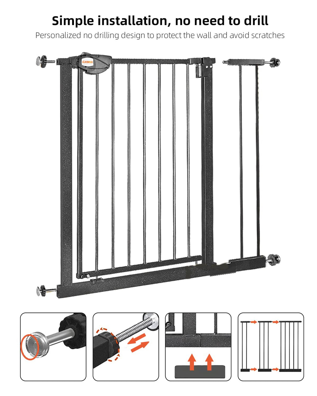 UBRAVOO Babygitter für Türen und Treppen, Höhe 100cm, Sicherheits-Haustiergitter, Spannungstyp, automatische Schließung, hohe Ausführung, dreifache Verriegelung, offen (Breite: 105-114cm)