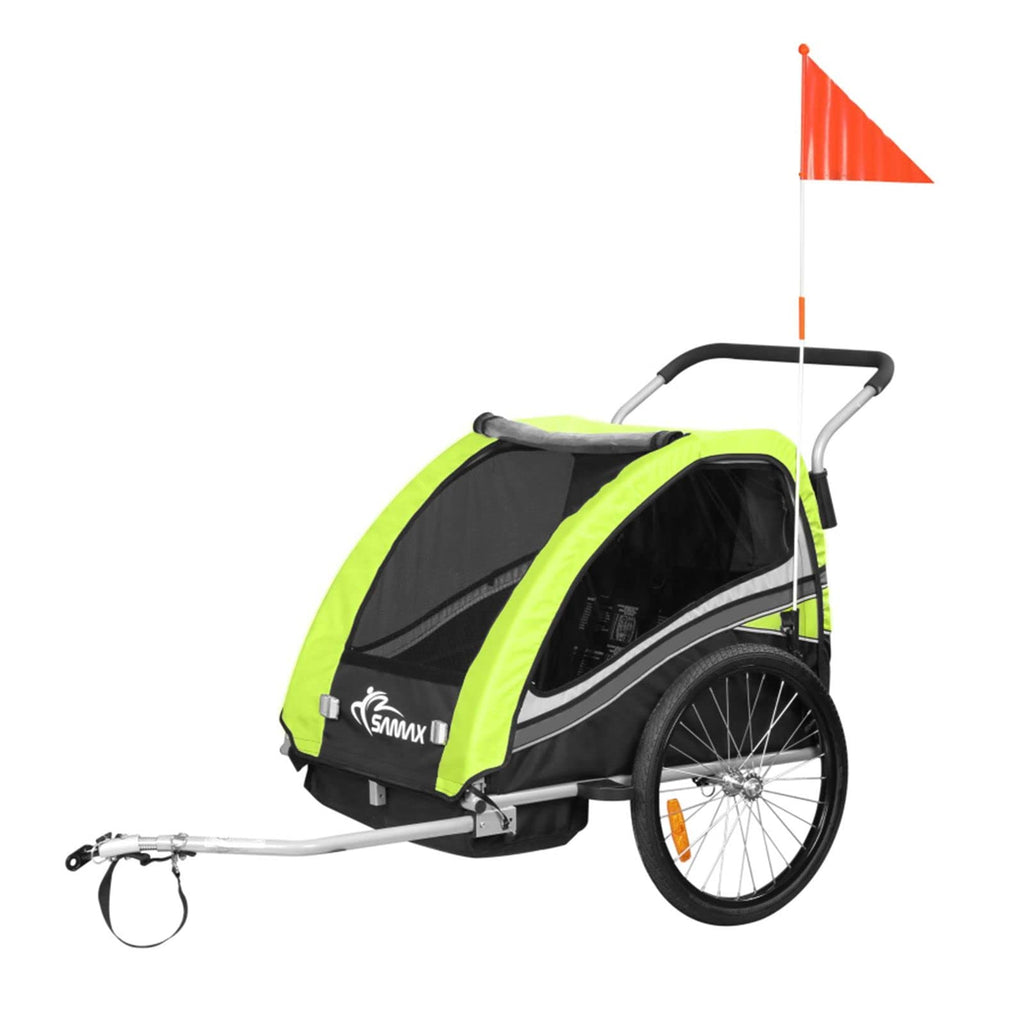 SAMAX Fahrradanhänger Jogger 2in1 360° drehbar Kinderanhänger Kinderfahrradanhänger Transportwagen vollgefederte Hinterachse für 2 Kinder in Grün - Black Edition