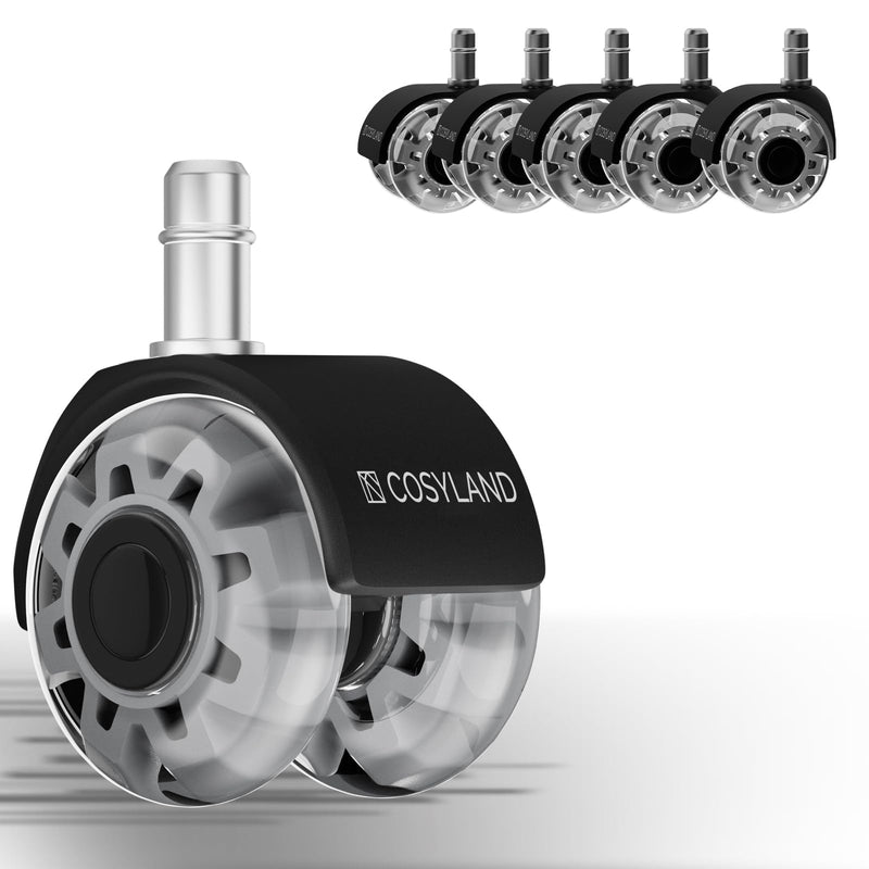 COSYLAND Bürostuhl Rollen 11mm x 22 mm - 5er Set Rollen für Bürostühle - Super Leise und Weiche für Hartböden, Parkett, Teppich, Laminat, Keine Bodenschutzmatte Nötig, Grau Doppelräder
