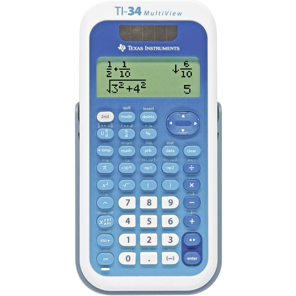 Texas Instruments TI-34 MV Schulrechner (Multi View, 4-zeilen Display, Solar- und Batteriebetrieb) Blau-Weiß