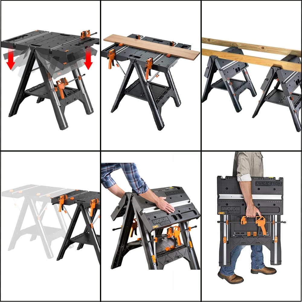 WORX PEGASUS WX051 mobile multifunktionale Werkbank - hochwertiger Arbeitstisch klappbar für die Werkstatt, max. Belastung 450kg – inkl. Schnellklemmvorrichtung – hohe Stabilität & große Arbeitsfläche