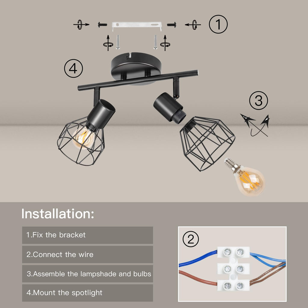Dehobo Led Deckenstrahler Schwenkbar 350° - Deckenleuchte E14 2 Flammig Rund - Deckenlampe Spots Led Schwarz - Küchenlampe Wohnzimmerlampe Deckenspot Schlafzimmer