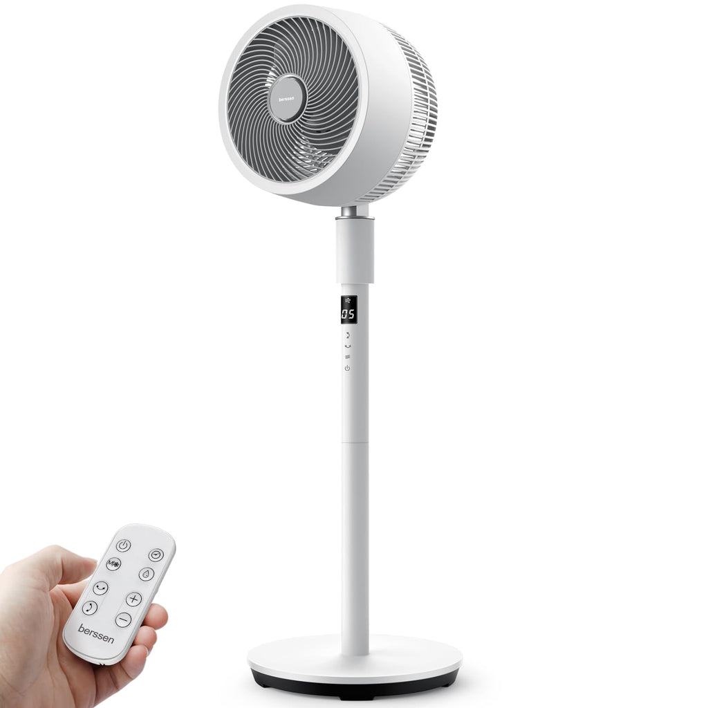 berssen Standventilator Ventilator leise 25dB 3D Oszillation DC Motor 68/100cm Höhenverstellbar Turbo Luftzirkulation Fernbedienung Tastbildschirm 7,1m/s Windgeschwindigkeit Energie Sparen,Weiß