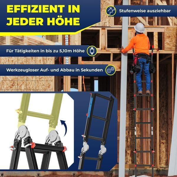 MASKO Aluminium 6in1 Mehrzweckleiter – 20 Sprossen | - 520 cm | 150 Kg, ausziehbar, rutschfest, Multifunktional, Gelenkleiter, Anlegeleiter, Klappleiter, beidseitige Steh- und Treppenleiter | Schwarz
