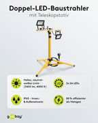 Goobay 57845 LED Baustrahler auf Teleskopstativ 2 x 20W / 3400lm / Neutral-Weiß Licht – 4000K / Für Innen- & Außenbereich – IP65 / Schwarz/Gelb