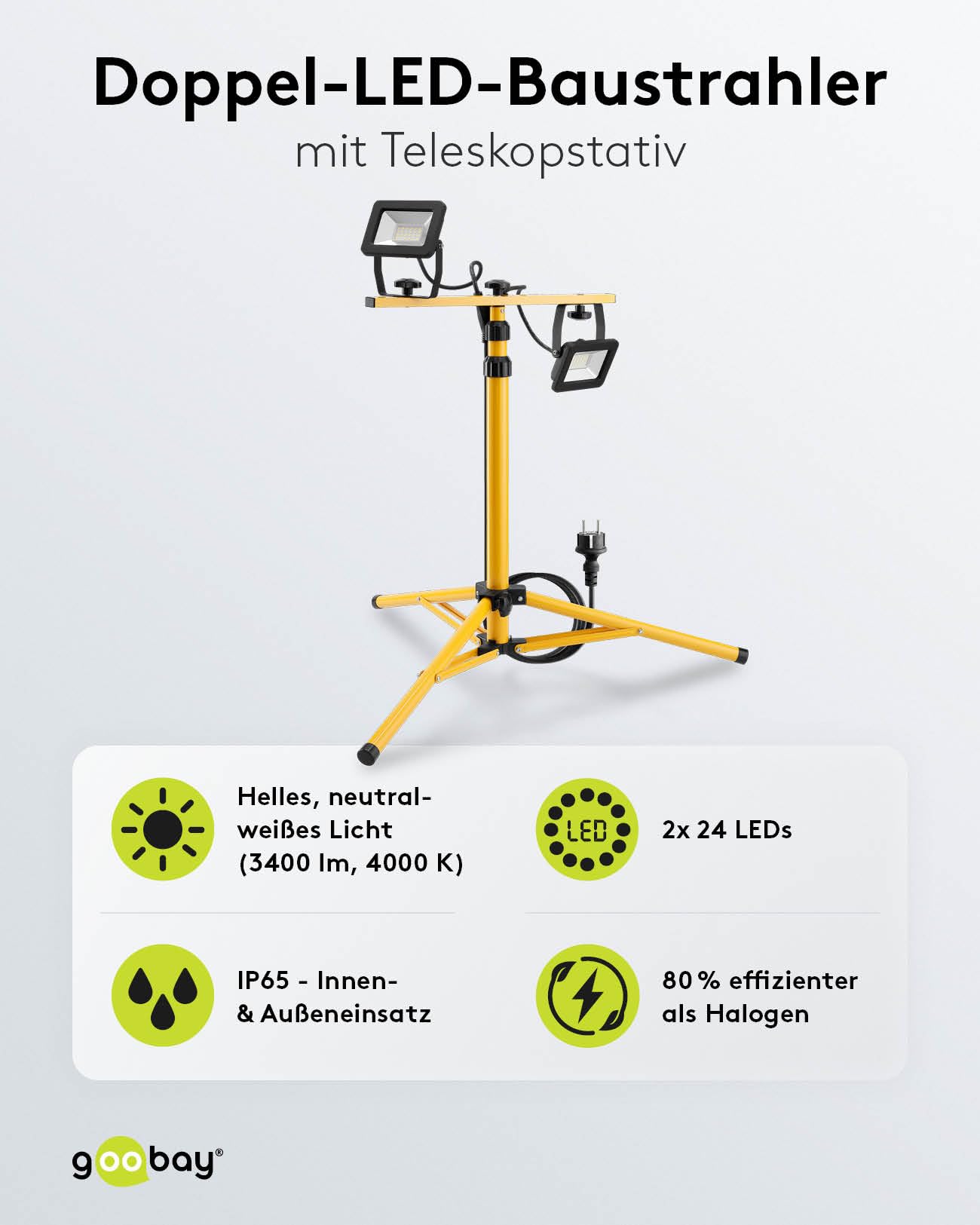 Goobay 57845 LED Baustrahler auf Teleskopstativ 2 x 20W / 3400lm / Neutral-Weiß Licht – 4000K / Für Innen- & Außenbereich – IP65 / Schwarz/Gelb