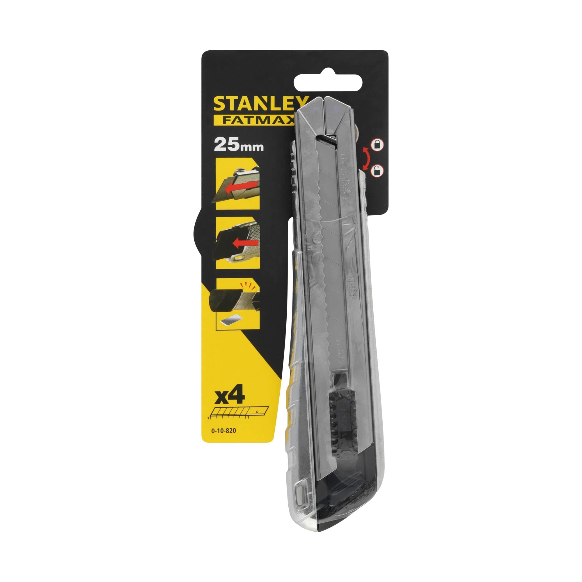 Stanley FatMax Cuttermesser PRO 0-10-820 (25 mm Klingenbreite, 210 mm Länge, extra langer, robuster Metall-Korpus für beidhändiges Schneiden, angeraute Grifffläche, inkl. 4 Abbrechklingen)