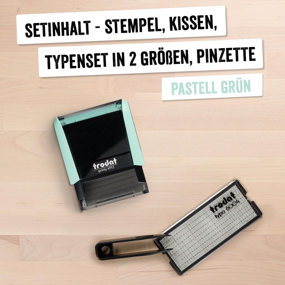 Trodat Printy 4912 Stempelset in Pastell Grün zum Selbersetzen - 4 Textzeilen, Abdruck 47x18 mm, Deutsch, inkl. Pinzette, Stempelkissen schwarz & Buchstaben- und Zahlenset in zwei Größen