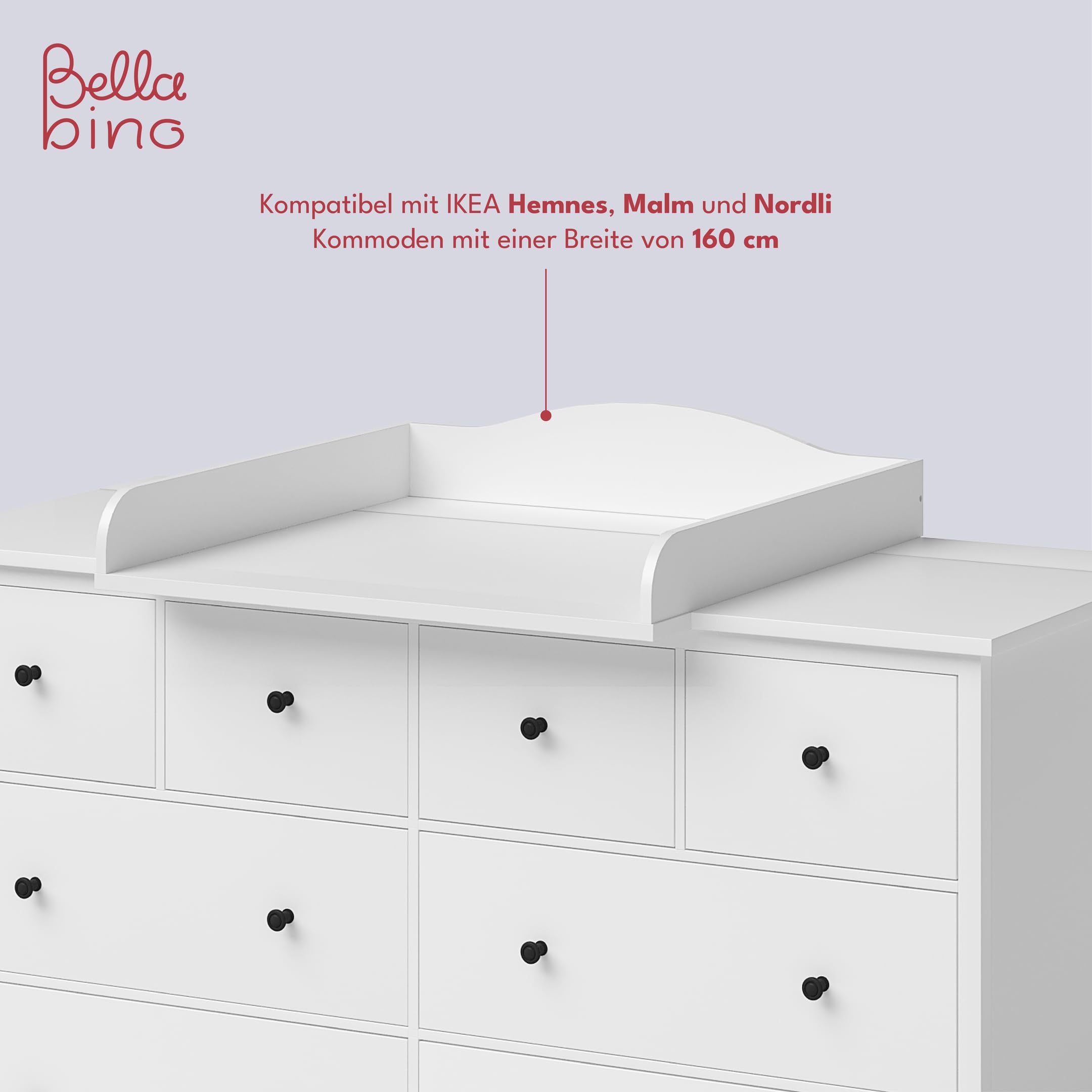 BELLABINO Oti Wickelaufsatz – welliger Wickeltischaufsatz für Malm, Hemnes, Nordli Kommoden (160 cm Breite) – Aufsatz für Wickeltische mit Platzfüller in weiß, 16,5 x 74 x 160 cm (HxTxB)
