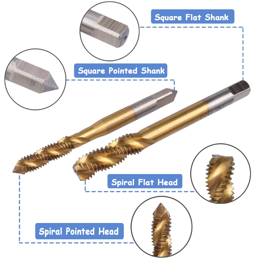 Mesee 9 Stück Spiralnuten-Gewindebohrer-Set, Titanbeschichtet, HSS metrisches Gewindebohrer, Bohrer, Gewindebohrer, Gewindebohrer, Gewindebohrer, M2, M2,5, M3, M4, M5, M6, M8, M10, M12