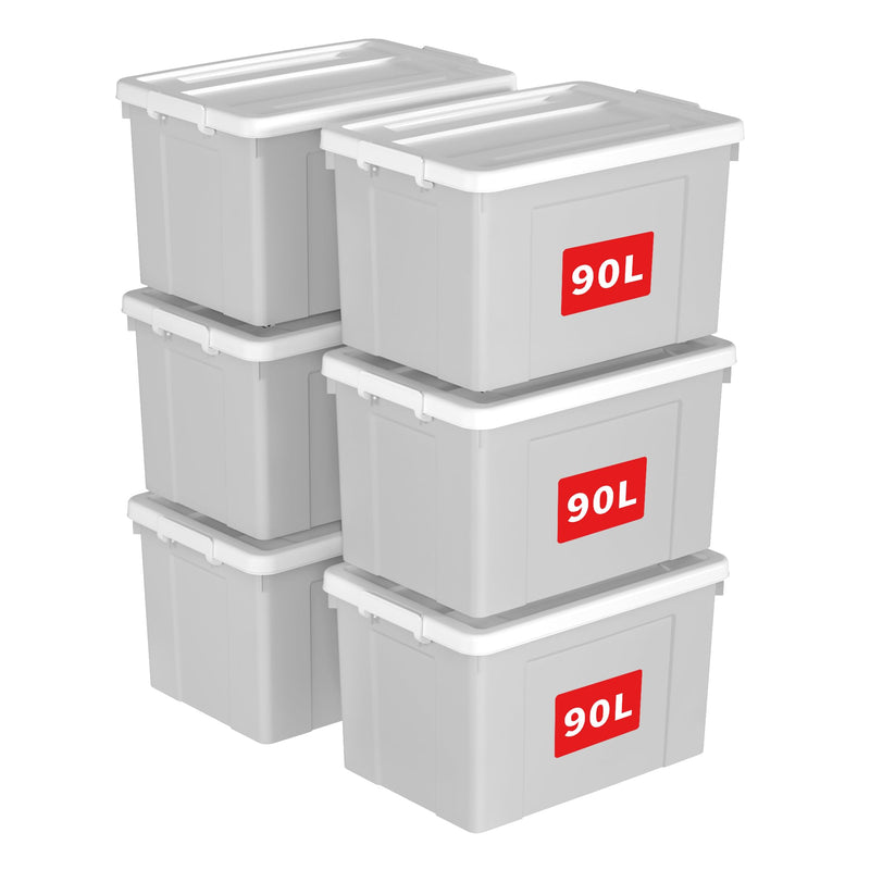 Cetomo 90L*6 Aufbewahrungsboxen, Aufbewahrungsbox mit Rollen & Deckel, Organizer-Behälter mit Clips, Stapelbar, Ineinander Nestbar, für Zuhause und Büro, Kunststoff, Grau, 90L-6er Pack
