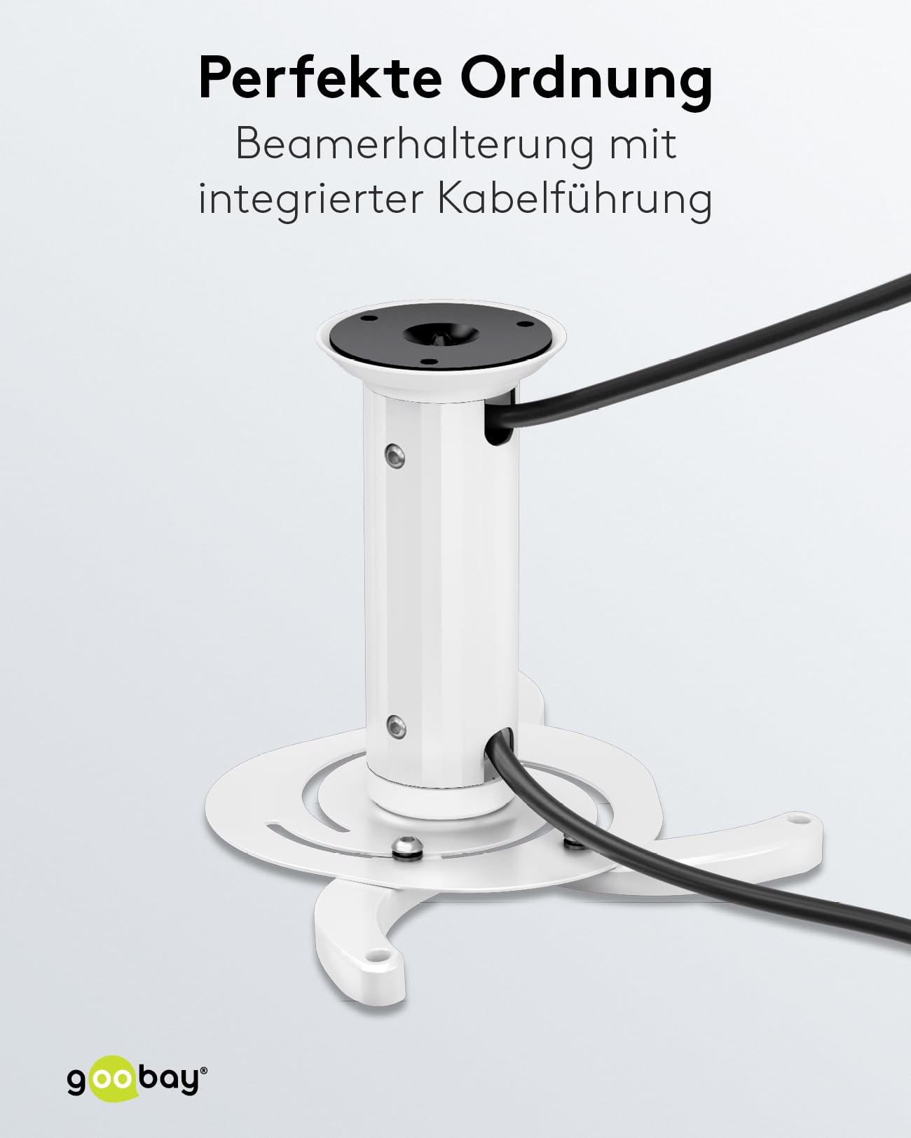 Goobay BeamerFlex Projektor-Deckenhalterung – für kleine bis mittlere Größen (bis zu 10 kg) – beweglich um 15° neigbar und 360° schwenkbar – Höhenverstellung – einfache Installation – Weiß 51896