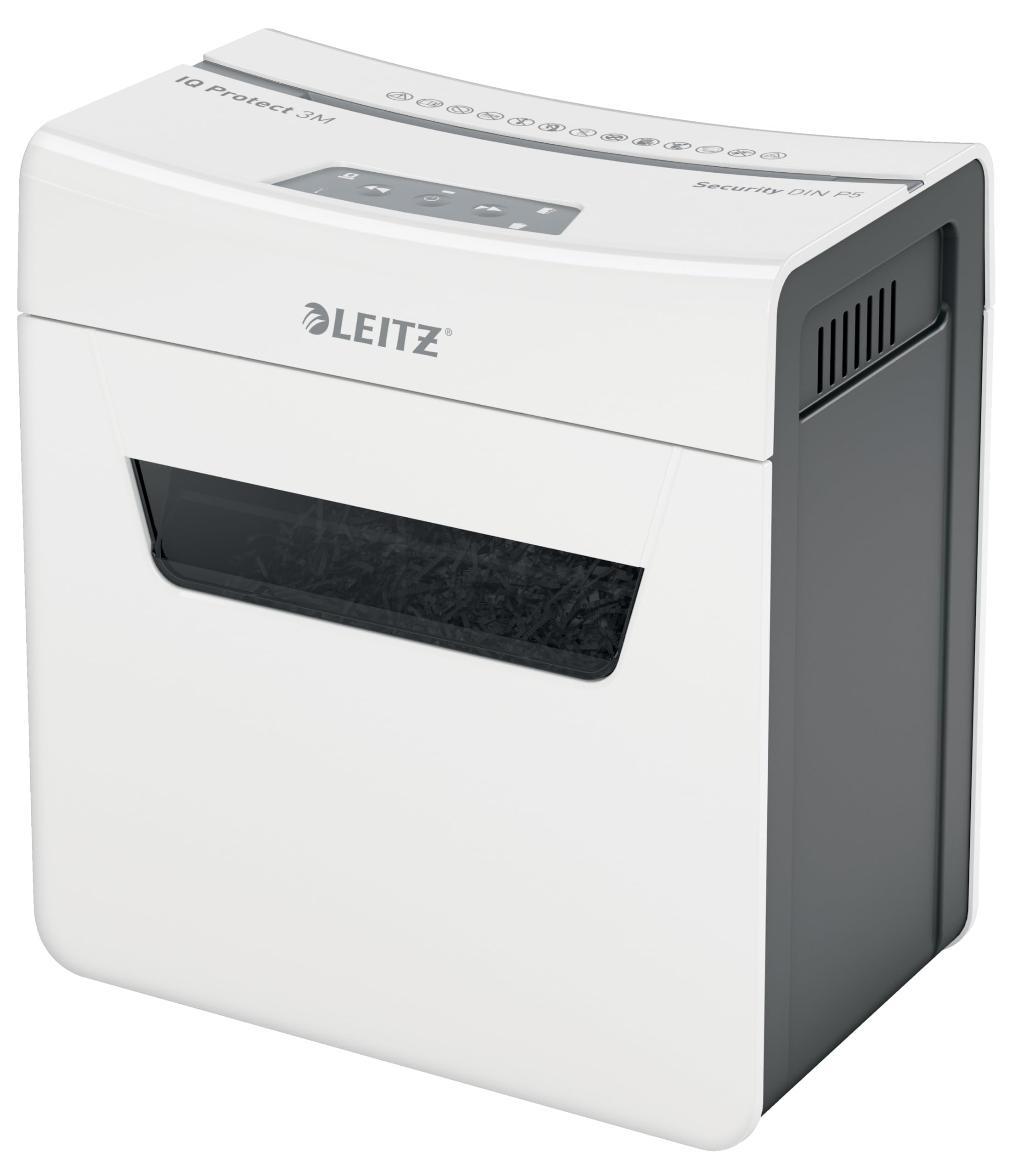 Leitz IQ 3M Premium Aktenvernichter P5, Mikroschnitt, 4-3 Blatt (70-80g/m²), Super leise, kompakt & sauber, TÜV+GS zertifiziert, 10L Behälter, für Büro & Home Office, Protect Serie, Weiß, 80930000