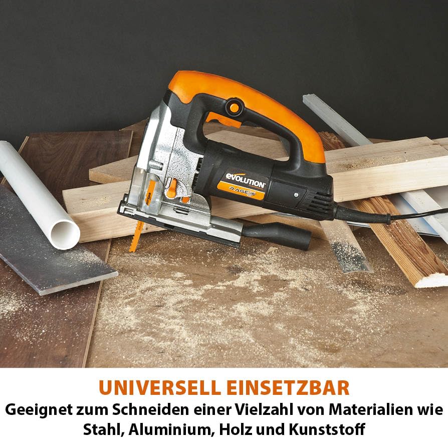 Evolution Power Tools Rage 7-S Universalstichsäge – schneidet Holz, Stahl, Kunststoff und mehr – inklusive 5 Sägeblätter, 710 W