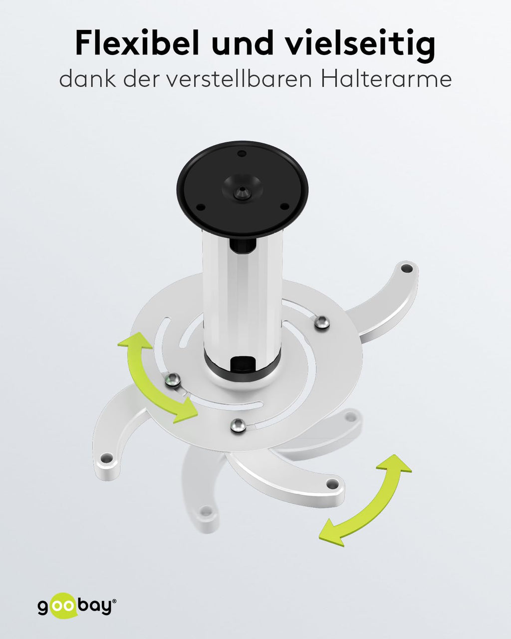 Goobay BeamerFlex Projektor-Deckenhalterung – für kleine bis mittlere Größen (bis zu 10 kg) – beweglich um 15° neigbar und 360° schwenkbar – Höhenverstellung – einfache Installation – Weiß 51896