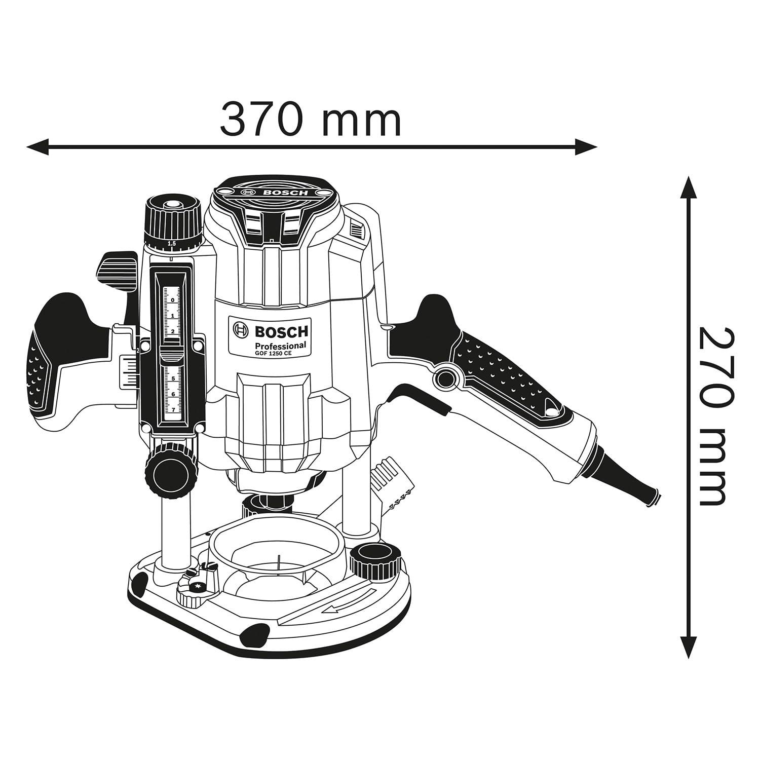 Bosch Professional Oberfräse GOF 1250 CE (inkl. Maulschlüssel 19 mm, Parallelanschlag mit Feineinstellung, Kopierhülsenadapter, Spannzange, L-BOXX)