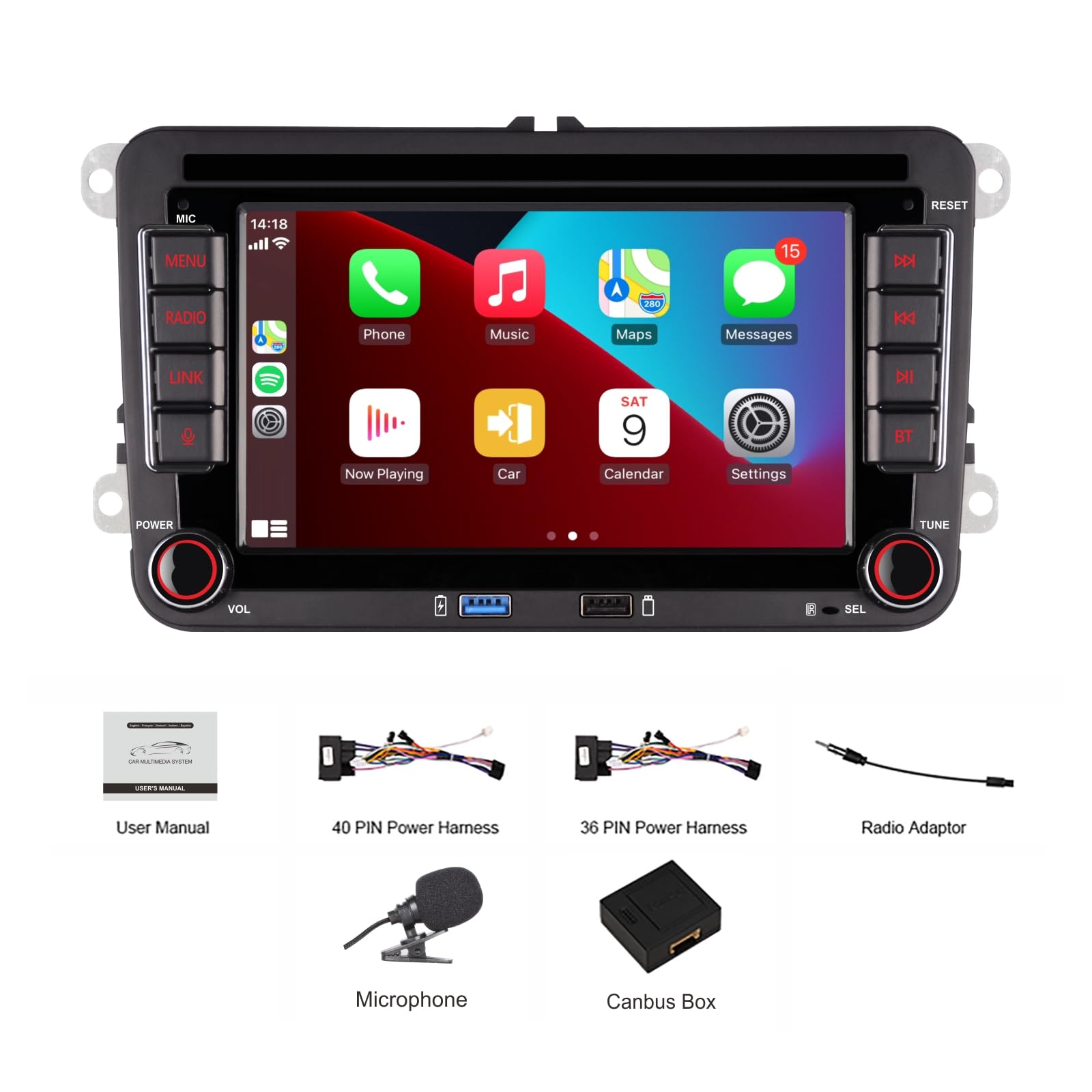 High Power Autoradio mit Wireless Carplay Android Car für VW Golf 5 6 Polo T5 Skoda Passat Jetta Caddy, 7 Zoll IPS VW Radio mit Bluetooth/FM/AM/USB/DSP/EQ Lenkradsteuerung
