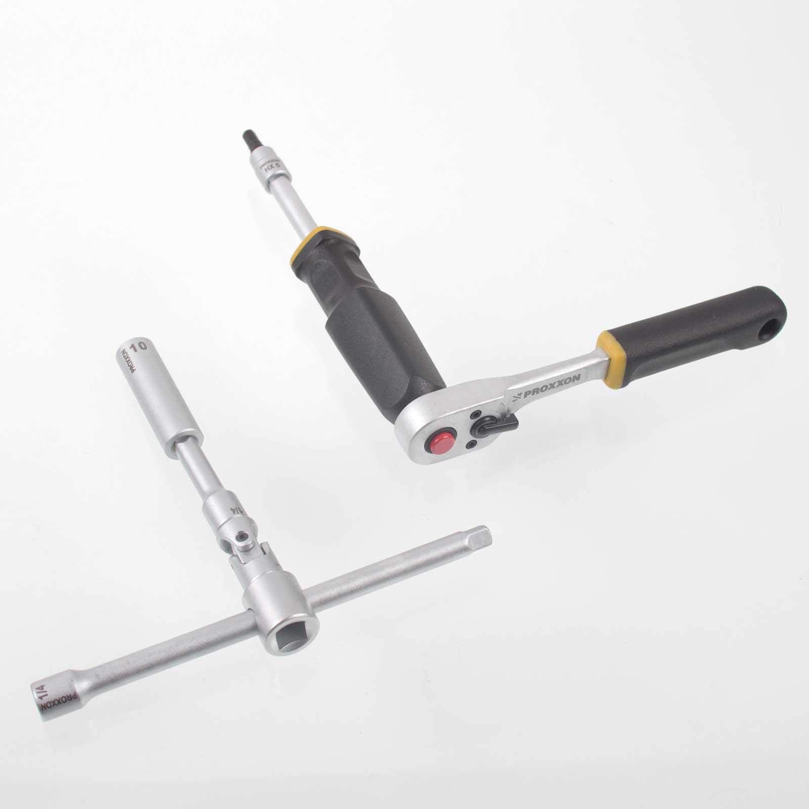 PROXXON Steckschlüsselsatz, Feinmechaniker-Satz mit 1/4"-Umschaltratsche sowie Schraubendrehergriff, 50-teiliges Werkzeug-Set mit Kunststoffkoffer, 23280
