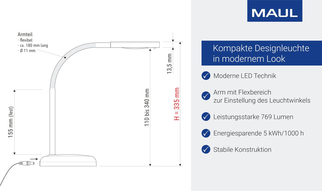 MAUL Schreibtischlampe LED MAULjoy | Kleine Schreibtischlampe mit Standfuß | Moderne Tischlampe für Schreibtisch, Büro | Flexible LED Lampe mit 3000K warmweißem LED Licht | Atlantic Blue