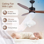 Ovlaim 132cm Walnuss Holz Deckenventilatoren mit Beleuchtung Fernbedienung, 3-Blatt-Propeller Smart Deckenventilator für Indoor Outdoor, hoher Luftstrom leiser DC-Motor