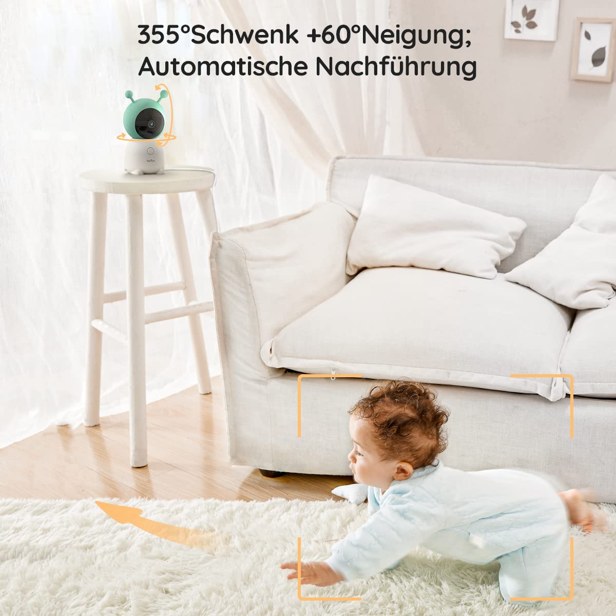 BOIFUN Babyphone mit 2 Kamera App, 2K QHD Bild, 355° Schwenken-60° Neige, 4×Zoom, Automatische Verfolgung, Weinen/Bewegungs/Geräuscherkennung, Temperatur und Feuchtigkeitsmessung