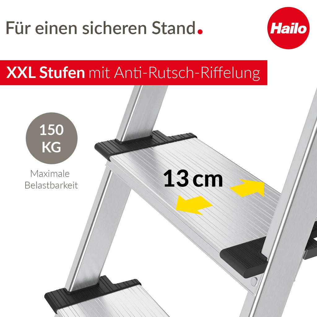 Hailo L85 ComfortLine Alu-Sicherheits-Stehleiter | 5 XXL-Stufen belastbar bis 150 kg | Tiefe Standfläche & Haltegriff |Stehleiter mit Ablage | Aluleiter Made in Germany | Leiter rostfrei | Silber