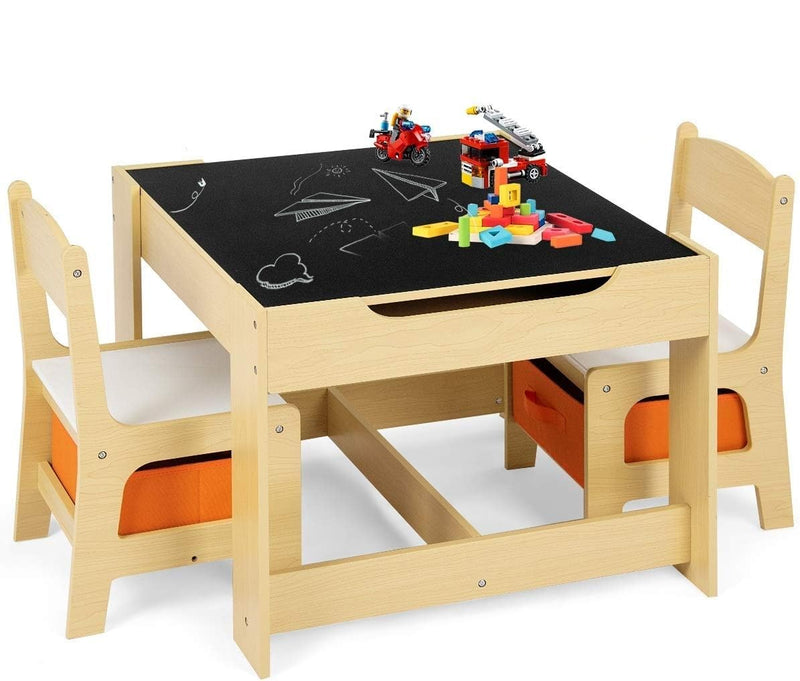 GOPLUS 3tlg. Kindersitzgruppe, 1 Kindertisch mit 2 Stühle, Kindermöbel Set aus Holz, Kindertischgruppe Indoor mit Stauraum, Maltisch für Kleinkind Mädchen Jungen