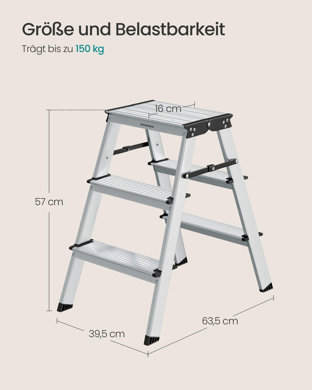 SONGMICS Leiter, Trittleiter, Aluleiter mit 3 rutschfesten Stufen, klappbar, Stehleiter, Mehrzweckleiter, bis 150 kg belastbar, Silbergrau-tintenschwarz GLT23K