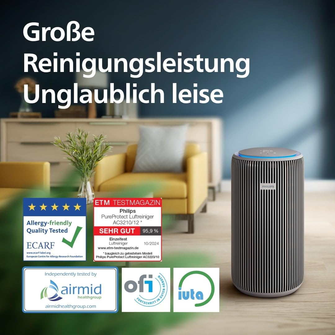 Philips PureProtect 3200 Serie: Intelligenter Luftreiniger, HEPA- und Aktivkohlefilter, CADR 500 m³/h für 130 m², besonders leise und energieeffizient, erfasst 99,97% Allergene (AC3210/12)