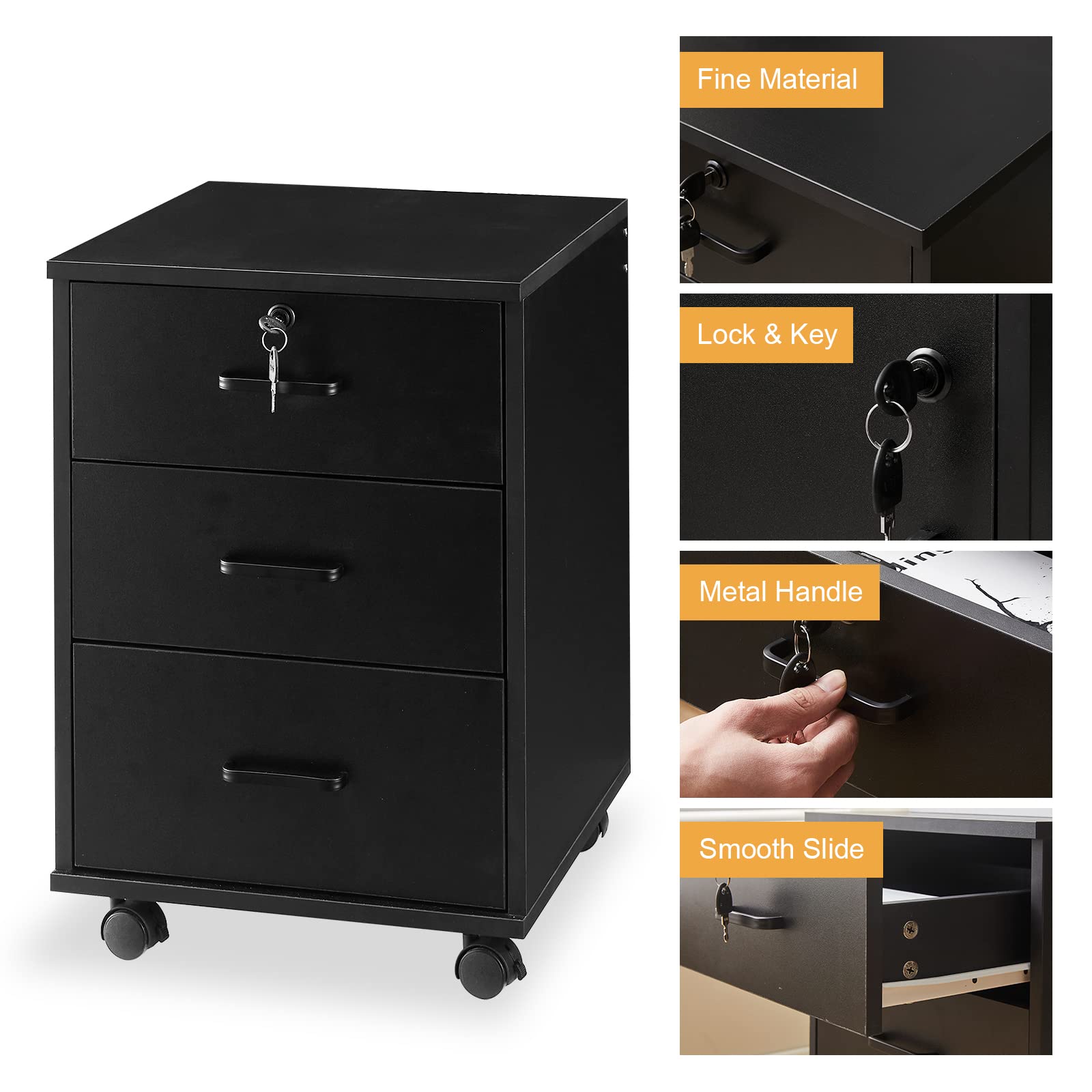 TUKAILAI Rollcontainer Abschließbar mit 3 Schubladen, Aktenschrank unter Schreibtisch, Büroschrank mit Rollen, Dokumente in DIN-A4, Legal, Letter-Format, Büromöbel, Büro,Schwarz