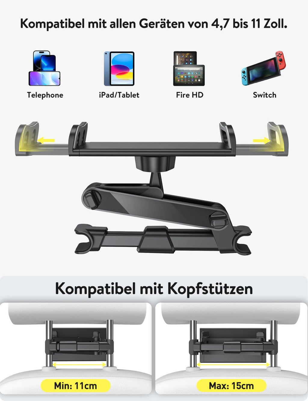 TRYONE Tablet Halterung Auto, Tablet Halter Kopfstütze - Ausziehbare KFZ-Kopfstützenhalterung für iPad iPhone Serie/Samsung Galaxy Tabs/Kindle Fire HD/Switch usw. 4,7-11 Zoll Geräte